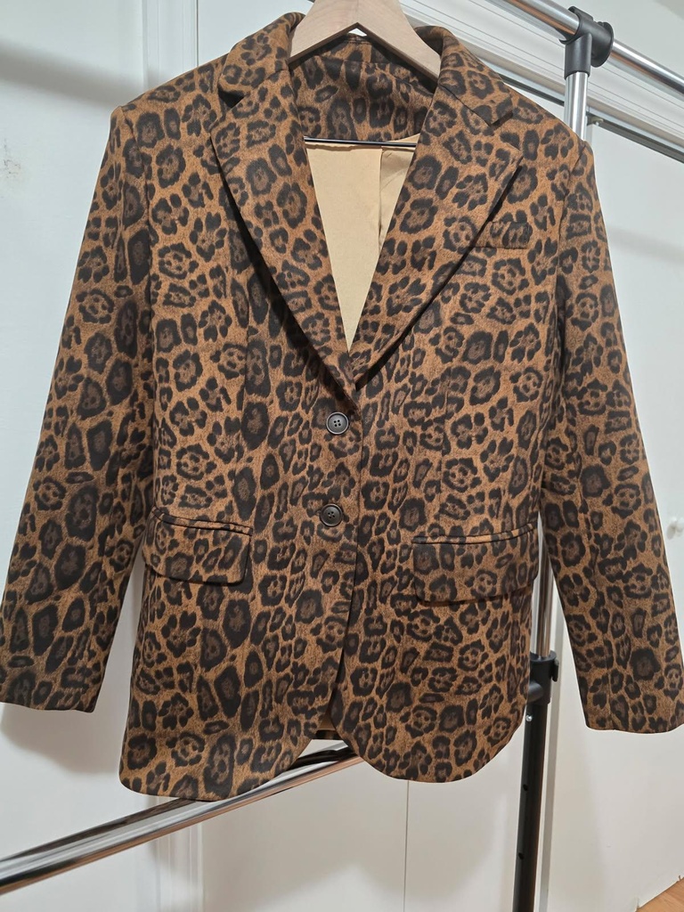 Chic Leopard Print Flocked Oversized Blazer Jacket