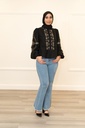 Short Black Shirt with Elegant Beige Embroidery