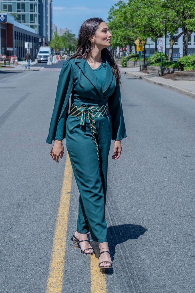 Elegant Green Jumpsuit with Cashmere Belt.