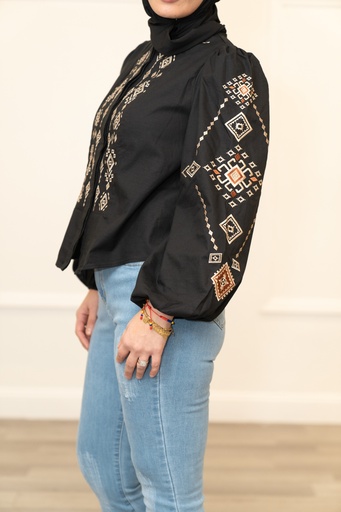 Short Black Shirt with Elegant Beige Embroidery